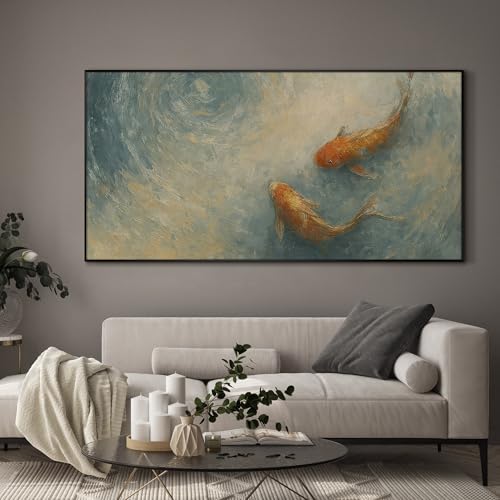 36"x72" Extra Large Framed Wall Art Koi Fish Swirl Tranquil Water Illustration for Home Living Room Bedroom Decor