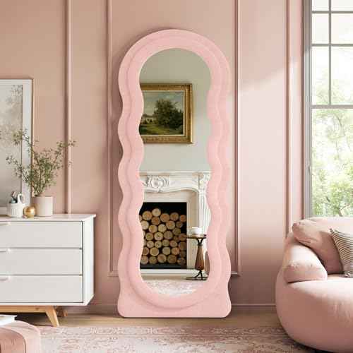 Full Length Mirror 63"x24" Irregular Wavy Full Body Wall Mounted Floor Mirror with Stand Pink Flannel Frame Leaning Hanging Wall for Bedroom Entrance Hallway