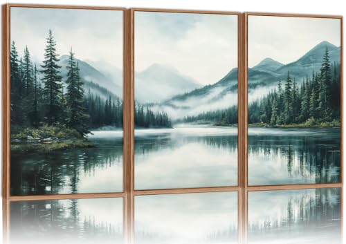 Large Mountain Lake Framed Canvas Wall Art Set