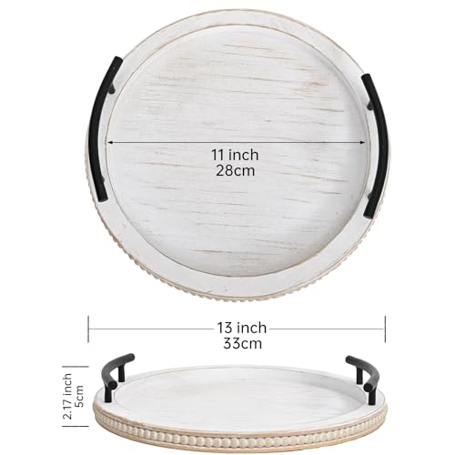 White Wooden Beaded Serving Tray with Handle Decorative Rustic Whitewashed Tray for Coffee Table Farmhouse Round Tray for Kitchen