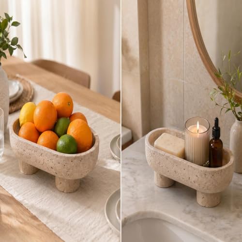 10" Natural Oval Travertine Fruit Bowl for Kitchen Counter