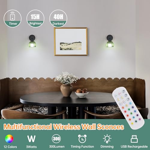 Vintage Battery Operated Wall Sconce with Green Tulip Glass Lampshade Rechargeable Battery Powered Black Wall Light with Remote Control for Bedside Bedroom Doorway (2 Count)