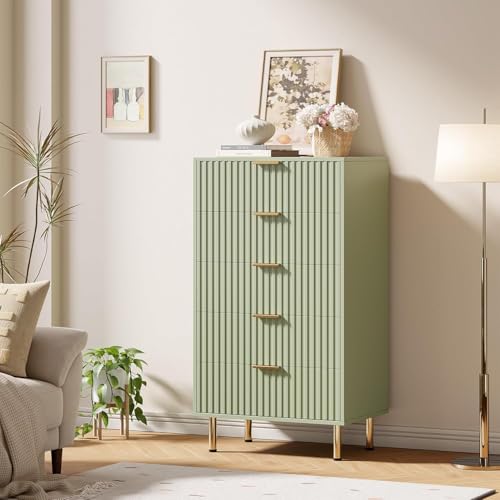 48" Fluted Green 5 Drawer Dresser for Bedroom with Deep Drawers