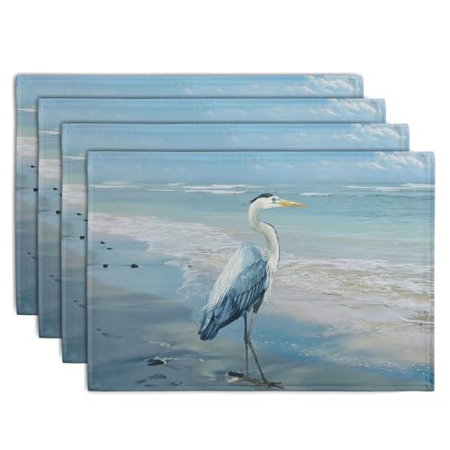 Blue Heron Placemats Set of 4 Summer Coastal Beach Pelican Placement Mats for Dining Table Nautical Ocean Bird Pattern Washable Non (4 Count)