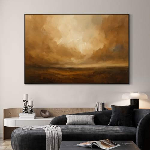 46"x72" Extra Large Framed Wall Art Golden Horizon Abstract Landscape Warm Brown and Amber Sky Illustration for Home Living Room Bedroom Decor