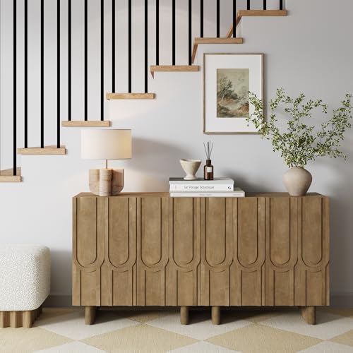 Kelly Mid Century Style Credenza with Geometric Carved Doors
