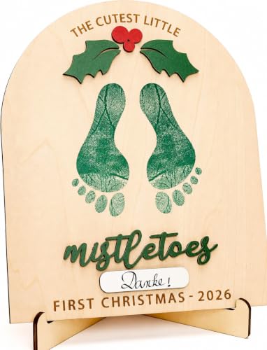 Personalized Baby’s First Christmas 2026 Wooden Mistletoes Footprint Art
