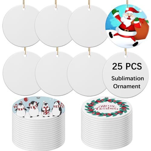 25 PCS Ceramic Sublimation Ornament Blanks Bulk 3 Inch White Round Crafts DIY Personalized Printed Christmas Home Porcelain Paintable Decorate (50 Count)