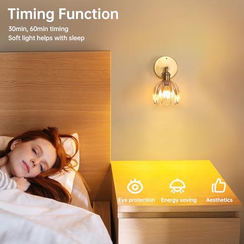 Battery Operated Vintage Wall Sconces with Amber Tulip Glass Lampshade Battery Powered Wall Lighting for Bedside Bedroom Doorway
