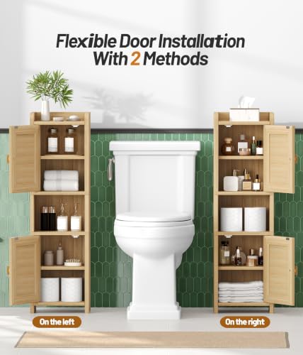 9.8''W Rattan Small Bathroom Storage Cabinet 2 Doors Oak
