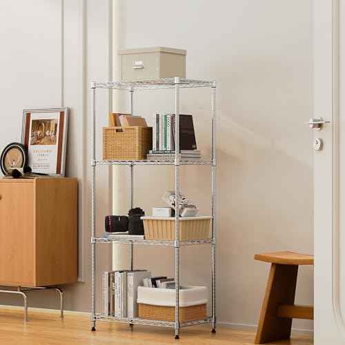 1000 lbs 4Tier Shelf Metal Storage Shelves Wire Rack Closet Organizers with Wheel for Garage Kitchen Bathroom Laundry Chrome 13.7" D x 23.6" W x 53.4" H (4 Count)