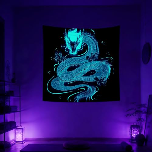 Blacklight Dragon Tapestry Wall Hanging Glow in the Dark Cool Japanese Dragon Backdrop Black Light UV Tapestry for Teen Boys Bedroom Mens Room Wall Decor 59.1" L x 59.1" W