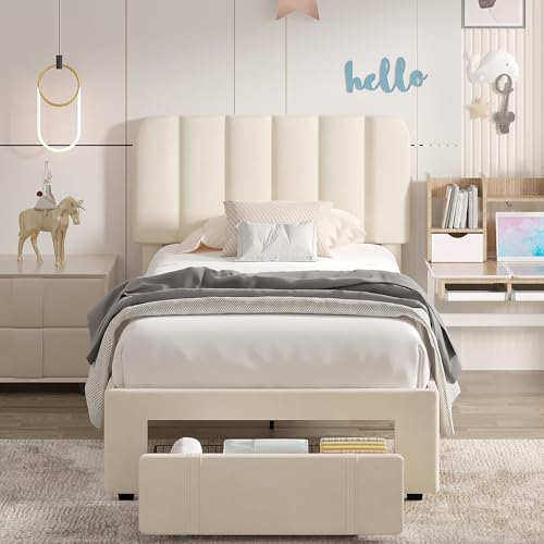 Twin Size Upholstered Bed Frame with Drawer and Headboard