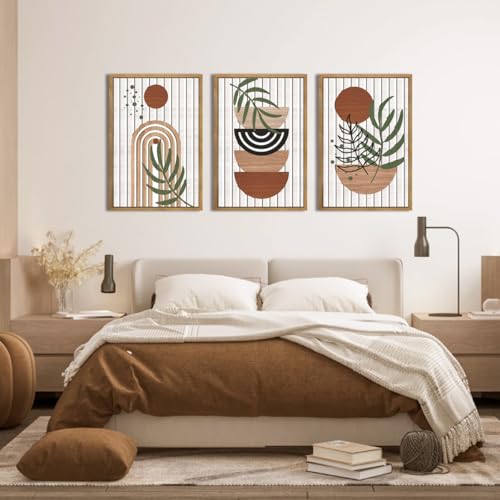 Large Boho Mid century Wood Framed Canvas Wall Art Set