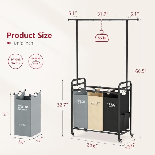 Laundry Sorter Cart with Hanging Clothes Rack