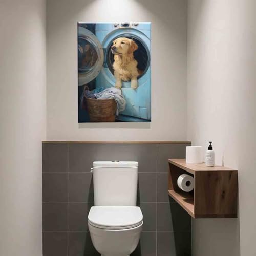 Laundry Room Canvas Wall Art Laundry Sign Painting Prints Vintage Funny Dog Artwork 16x24inch framed