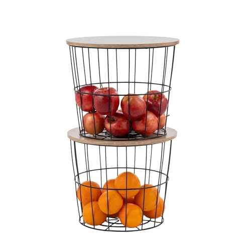 Round Wire Basket with Wooden Lid (2 Count)