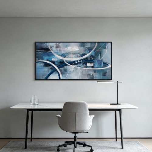 Blue Abstract Wall Art Modern Neutral Fluid Painting with Thin Black Frame