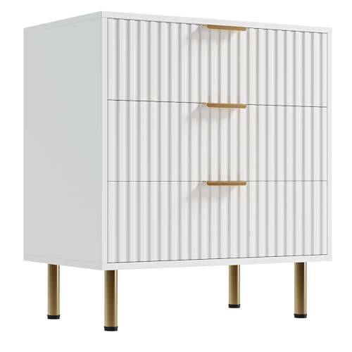 Fluted White 3 Drawer Dresser for Bedroom with Deep Drawers
