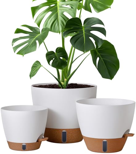 12/10/8 Inch Self Watering Pots for Indoor Plants Plastic Large Pot for Outdoor Plants, Water Level Window & Spacious Reservoir Flower Pots Decorative Planter with Drainage and Tray (White) (3 Count)
