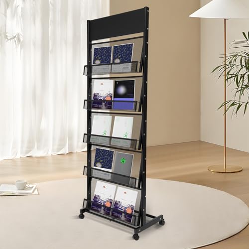 5 Tier Magazine Rack Floor Standing Brochure Display Stand with Universal Wheels & Brakes Metal Magazine Display Rack for Office