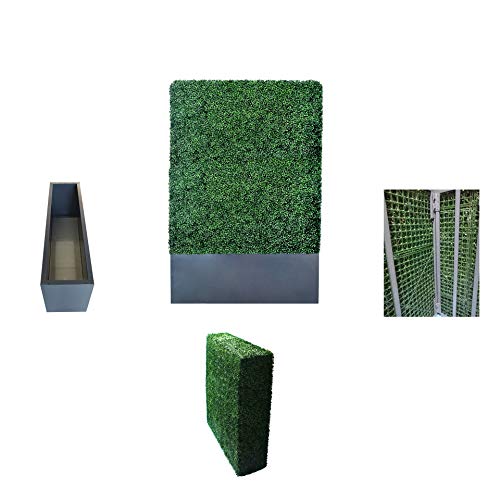 Upgraded Artificial Boxwood Hedge Wall with Dark Grey Stainless Steel Planter Outdoor Backdrop Privacy Screen (32 Sq Ft)