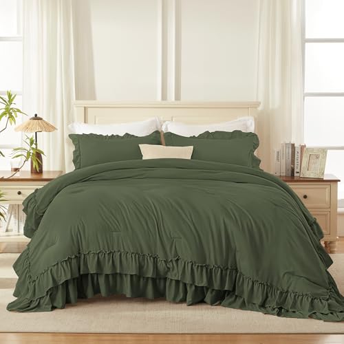 Olive Green Ruffle California King Comforter Set