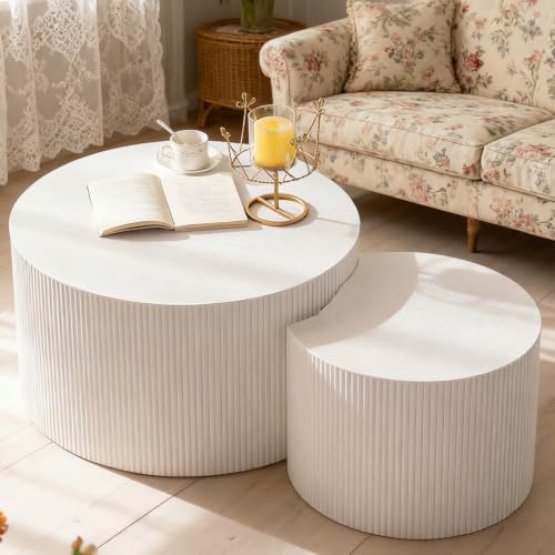 White Round Fluted Nesting Coffee Table Set of 2 (2 Count)