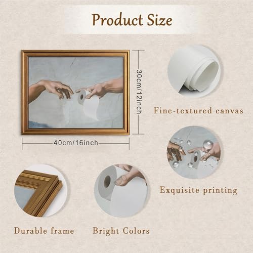 Funny Bathroom Canvas Wall Art Humor Washroom Posters Gold Framed Wall Decor Handing Toilet Paper Prints Funky Restroom Sign Artwork for Home Decoration