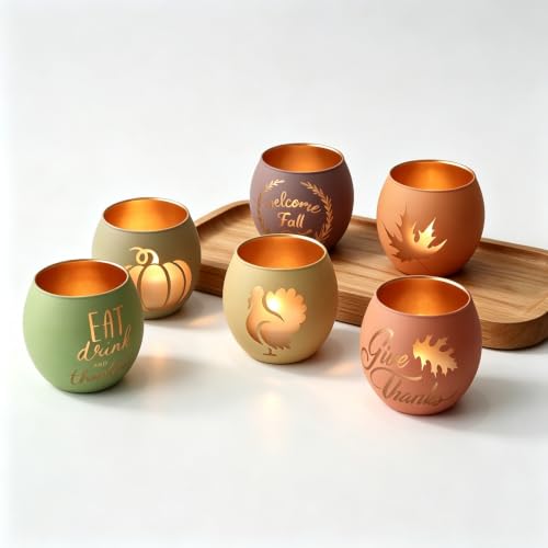 Thanksgiving Votive Candle Holder Set of 6 for Fall Table Centerpiece Decor (6 Count)