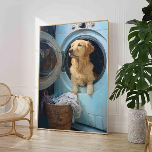 Laundry Room Wall Art Vintage Farmhouse Canvas Funny Dog Poster Cute Animals Pictures Laundry Day Wall Art Vintage Funny Posters Modern Abstract Living Room Decor 16x24inch No Frame