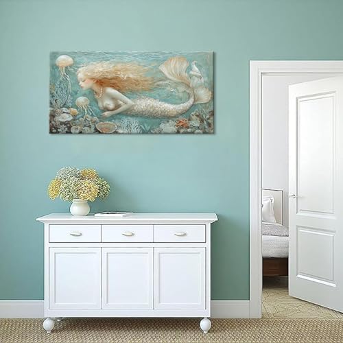 Ocean Mermaid Wall Art for Girls Room Modern Canvas Prints Marine Organism Underwater World Sea Creatures Artwork Paintings Women Bedroom Wall Decor