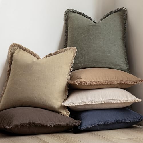 Boho Linen Fringe Lumbar Throw Pillow Covers 12×24 Reddish Brown (2 Count)