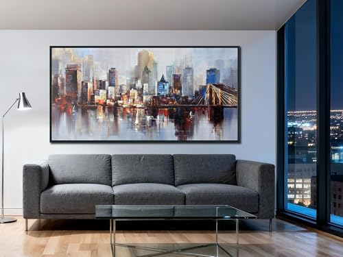 Brooklyn Bridge Wall Art Modern New York Abstract Canvas Cityscape Painting NYC Skyline Textured Picture for Living Room Bedroom Home Office Wall Decor Extra Large Size Black Wood Framed 58"x29"