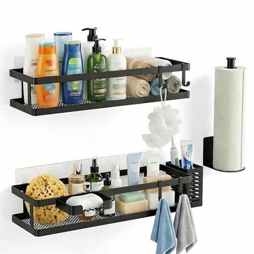 5-in-1 16.5" Extra Long Kitchen Organizer & Shower Caddy Set, Wall Mount Spice Rack with Paper Towel Holder, Utensil Holder & Soap Dish, Rustproof Mesh - Matte Black, Guardrail