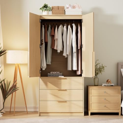 70" Wardrobe Armoire Wooden Closet with 3 Drawers
