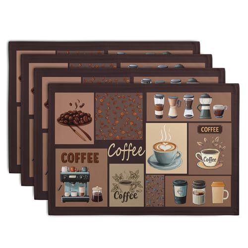 Coffee Theme Placemats Set of 4 Farmhouse Style Brown Linen Fabric Table Mat 12x18 Inch Washable Heat Resistant Non