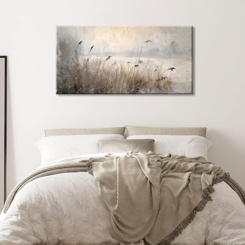 Vintage Meadow Wall Art for Living Room Reed Grass Canvas Painting Prints Large Retro Rustic Cottagecore Countryside Landscape Farmhouse Bedroom Artwork Home Decor