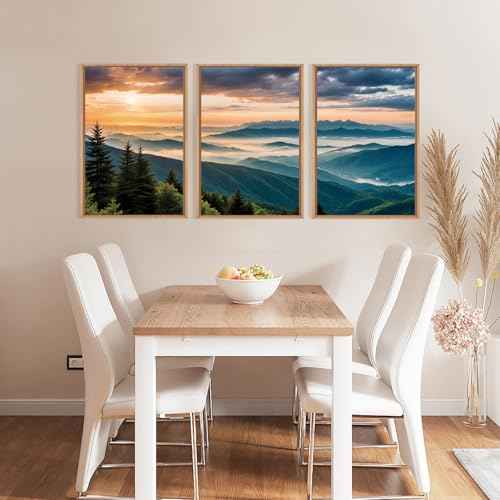 Large Nature Mountain Sunrise Framed Canvas Wall Art (3 Count)