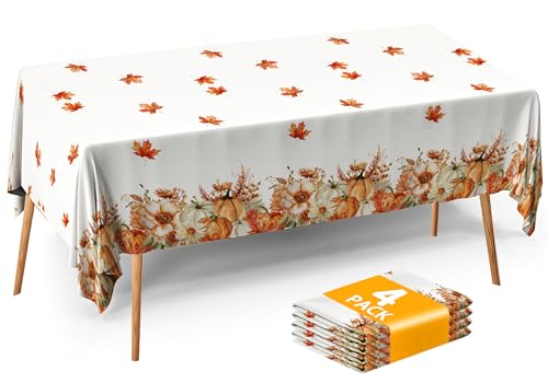 Fall Thanksgiving Tablecloth 4 Packs Plastic Disposable Table Cloth 54x108 Rectangle Table Cover with Pumpkin & Maple Leaf for Holiday Dinner Party Decorations Outdoor Picnic & Baby Showers (4 Count)