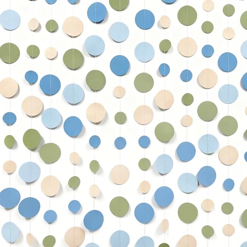 Dusty Blue and Sage Green Beige Polka Dot Garland Olive Green Dusty Blue Cream Nude Hanging Paper Circle Dots Streamer for Birthday Wedding Shower Silly Goose Theme Party Decorations Supplies