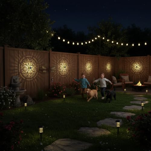 4 Pack Solar Fence Lights Metal Solar Powered Outdoor Wall Deck Step Lights Tree Theme Waterproof Fence Light for Garden Post Patio Backyard Yard Decor (4 Count)