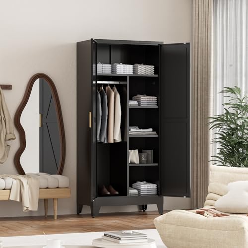 71'' Farmhouse Metal Wardrobe Cabinet with Hanging Rod