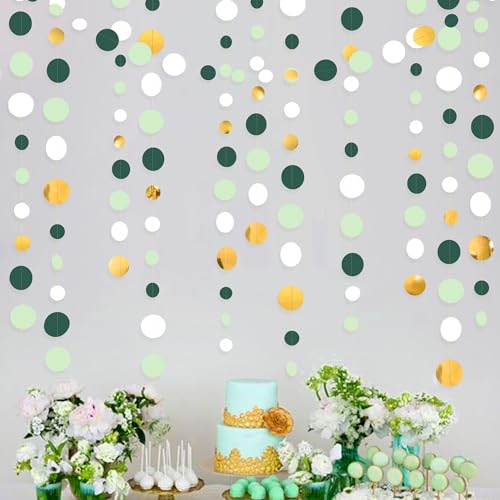 46 Ft Sage Green Gold Party Decorations Polka Dots Garlands Hanging Paper Circle Dots Streamer for Safari Wild Woodland Jungle Theme Birthday Shower Graduation Wedding Party Decorations Supplies