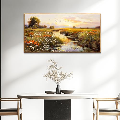 Canvas Wall Art For Living Room Wall Decor For Bedroom Watercolour Painting Office Decoration Countryside Sunrise Scenery Wall Picture Printing Artwork Home Decor Wood Framed 24x48 In