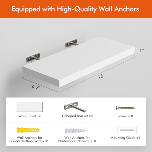 16’’White Floating Shelves for Wall Set of 4 (4 Count)