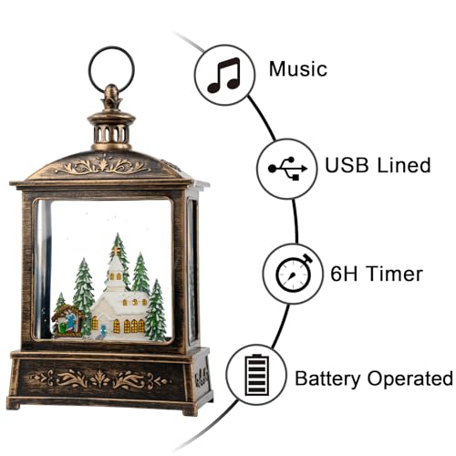 Christmas Snow Globe Lantern Water Glittering Churche & Manger Scene with Music & Timer