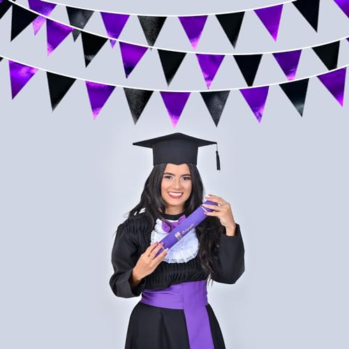 Purple and Black Party Decorations Metallic Fabric Triangle Pennant Banner Flag Bunting Garland for Graduations Birthday Retirement Wedding Baby Shower Bachelorette Halloween Outdoor Party Supplies (36 Count)