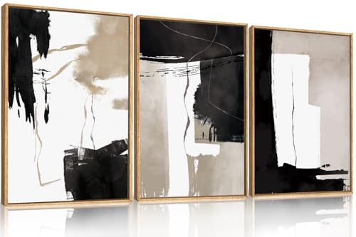 Abstract Black White Brown Framed Canvas Wall Art Set