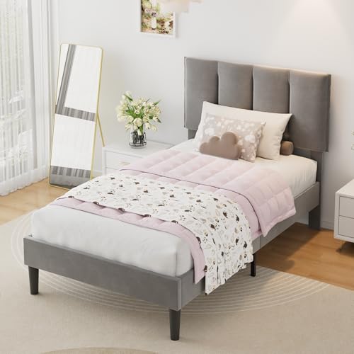 Twin Size Bed Frame with Upholstered Headboard